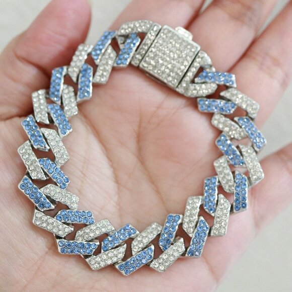 Other - 14mm 8inches Cuban Ice Point Curb Diamond Chain Blue/Silver with Rhinestone